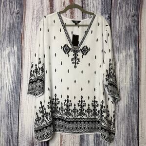 Slim Factor by Investments Ikat Panel Print Black/White 3/4 Sleeve Blouse 3X NWT